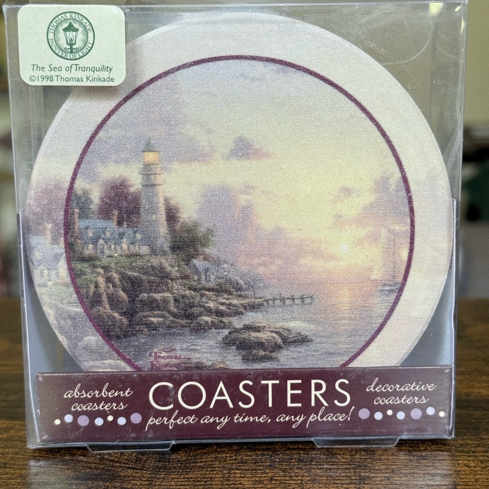 Thomas Kinkade Tranquil Lighthouse Coasters - Purple and Cream New Vintage